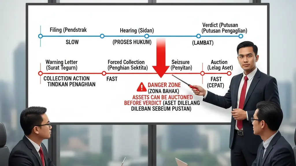 Diagram alur risiko waktu antara proses hukum gugatan dan tindakan penagihan aktif yang berjalan paralel.