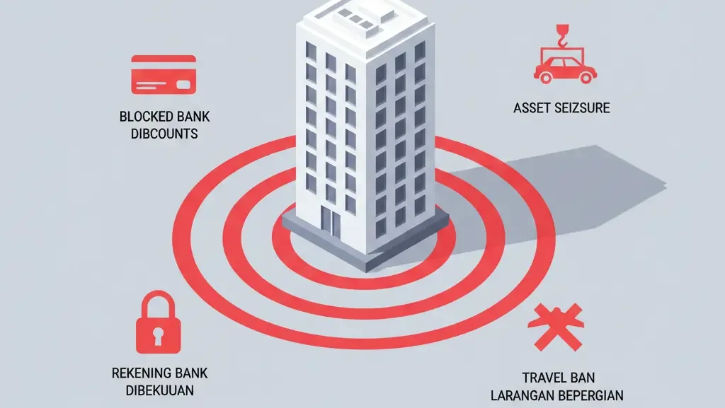 Infografis mengenai eskalasi konsekuensi hukum sengketa pajak bagi badan usaha.
