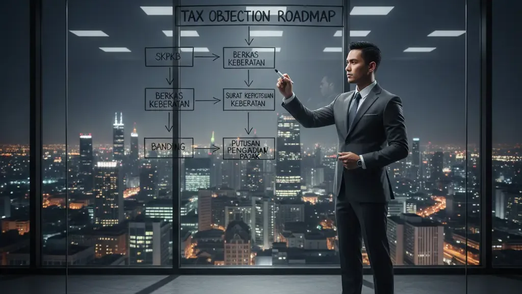 Peta jalan dan alur proses keberatan pajak ke kantor pajak bagi manajemen korporasi.