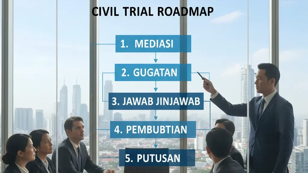 Infografis alur dan tahapan persidangan perdata mulai dari mediasi hingga putusan hakim.