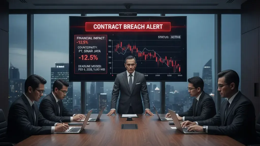 Ilustrasi wanprestasi bisnis dan dampaknya terhadap stabilitas korporasi di Jakarta.