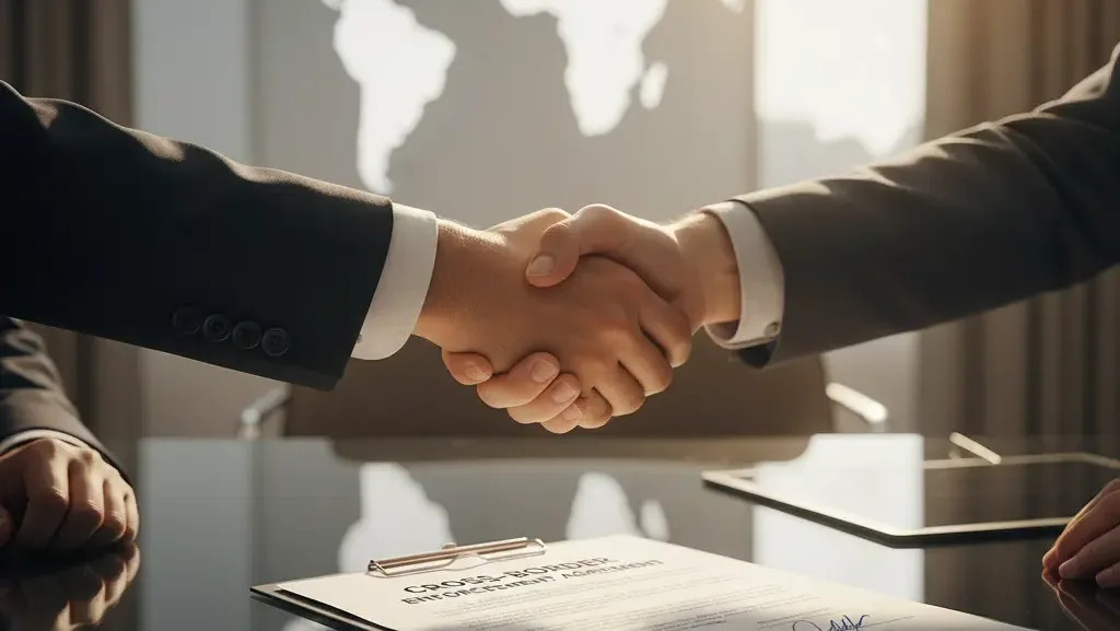 Ilustrasi eksekusi putusan arbitrase lintas batas dalam kontrak bisnis internasional.