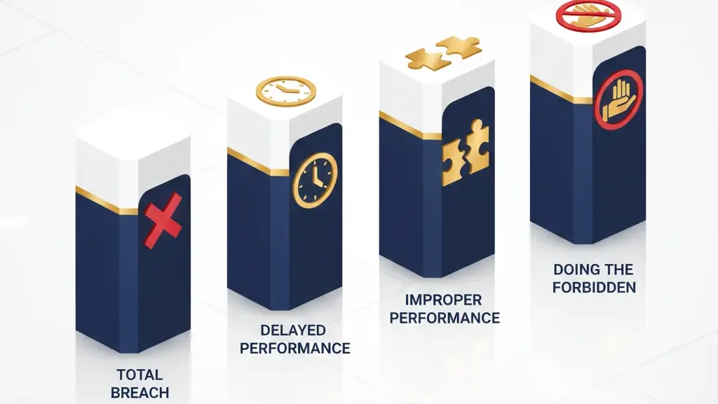 Infografis jenis-jenis wanprestasi menurut hukum perdata Indonesia.