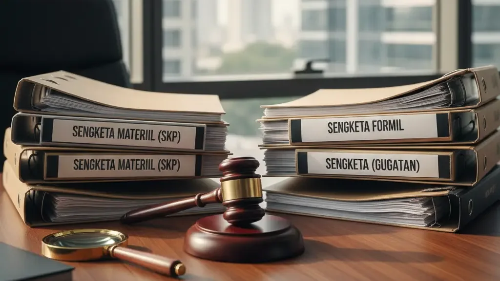 Klasifikasi antara sengketa materiil (banding) dan sengketa formil (gugatan) dalam hukum pajak.