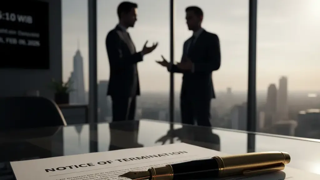 Dokumen pemberitahuan pengakhiran perjanjian sebagai langkah hukum pembatalan kontrak bisnis.