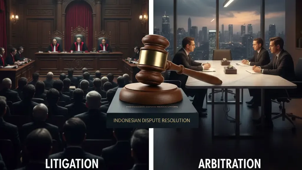 Ilustrasi visual perbandingan antara proses litigasi pengadilan dan arbitrase swasta.