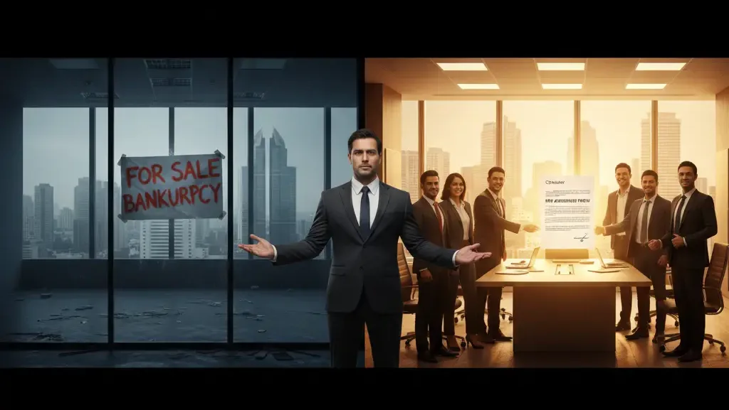 Ilustrasi perbedaan konsekuensi hukum antara Pailit (likuidasi) dan PKPU (restrukturisasi) bagi korporasi.