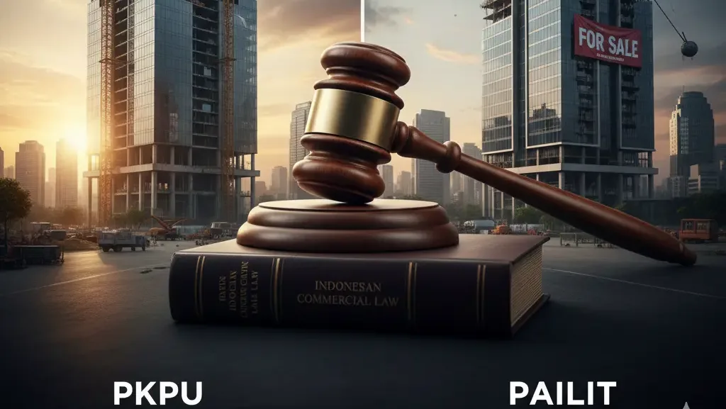 Ilustrasi perbedaan strategis antara Pailit (Likuidasi) dan PKPU (Restrukturisasi) dalam hukum bisnis.