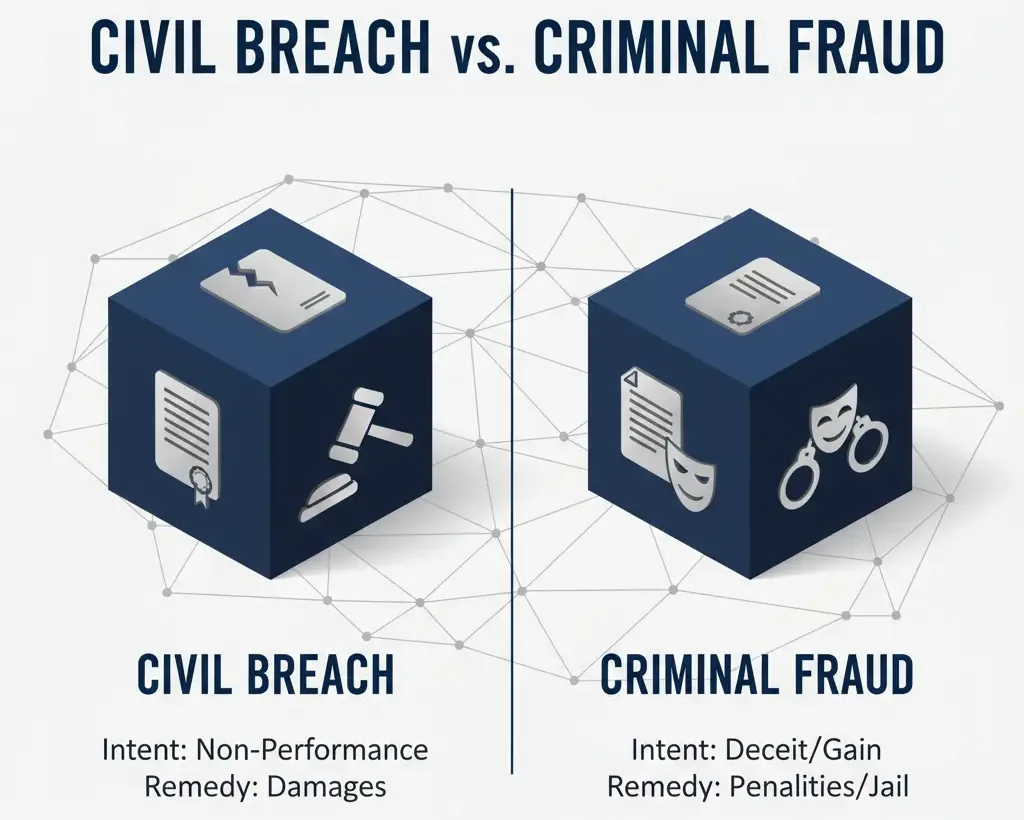 Infografis perbedaan antara wanprestasi perdata dan tindak pidana penipuan dalam bisnis.