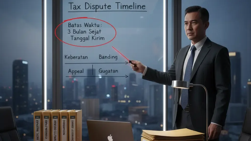 Visualisasi perhitungan batas waktu 3 bulan dalam prosedur keberatan pajak perusahaan.