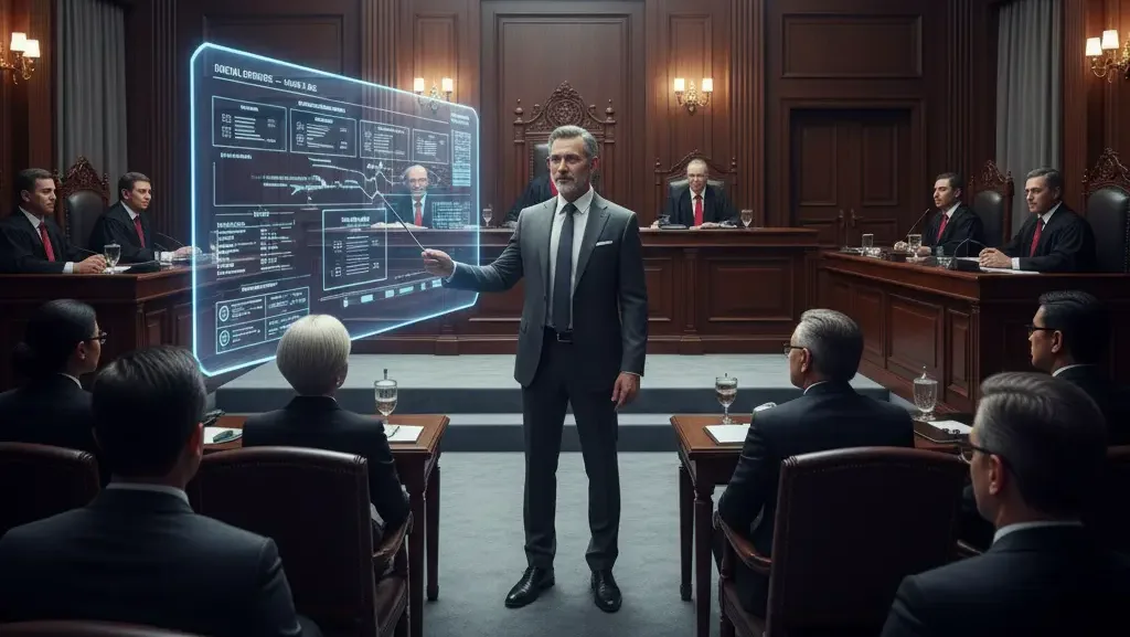 Pengacara Skailaw mempresentasikan bukti dalam proses litigasi bisnis di Pengadilan Negeri Jakarta.