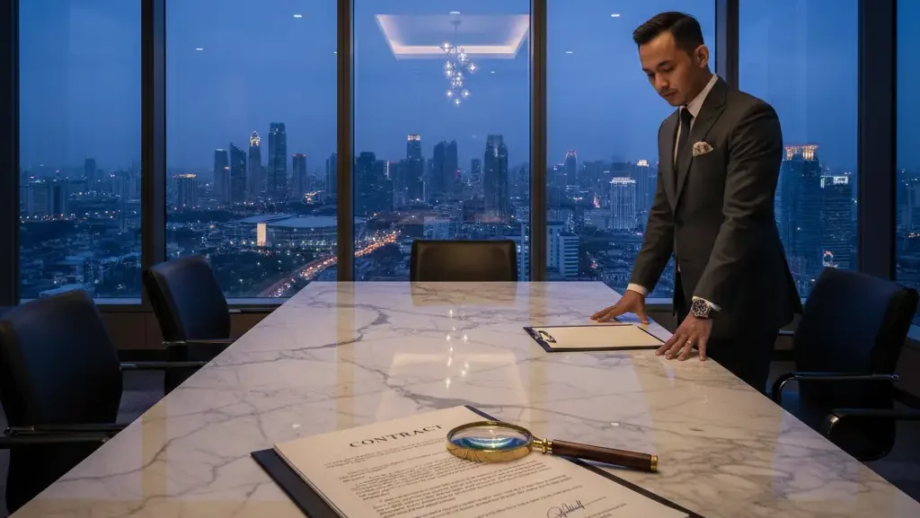 Tim Skailaw Legal sedang menganalisis prosedur pembatalan perjanjian bisnis bernilai tinggi di SCBD.
