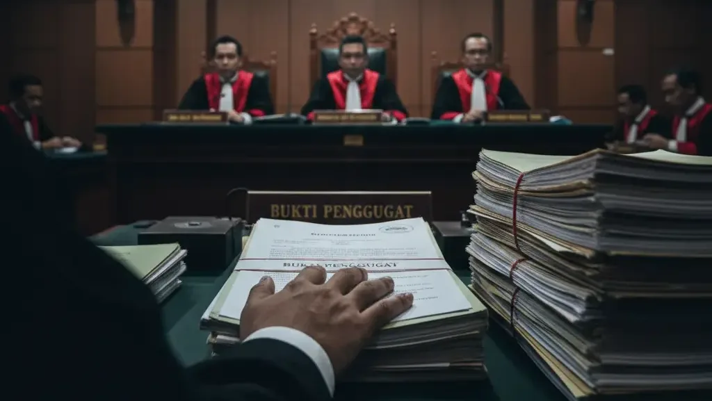 Suasana tegang tahapan persidangan perdata perusahaan di Pengadilan Negeri.