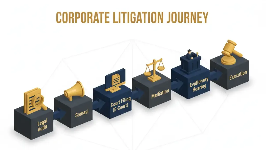 Infografis tahapan dan prosedur gugatan wanprestasi di Pengadilan Negeri.