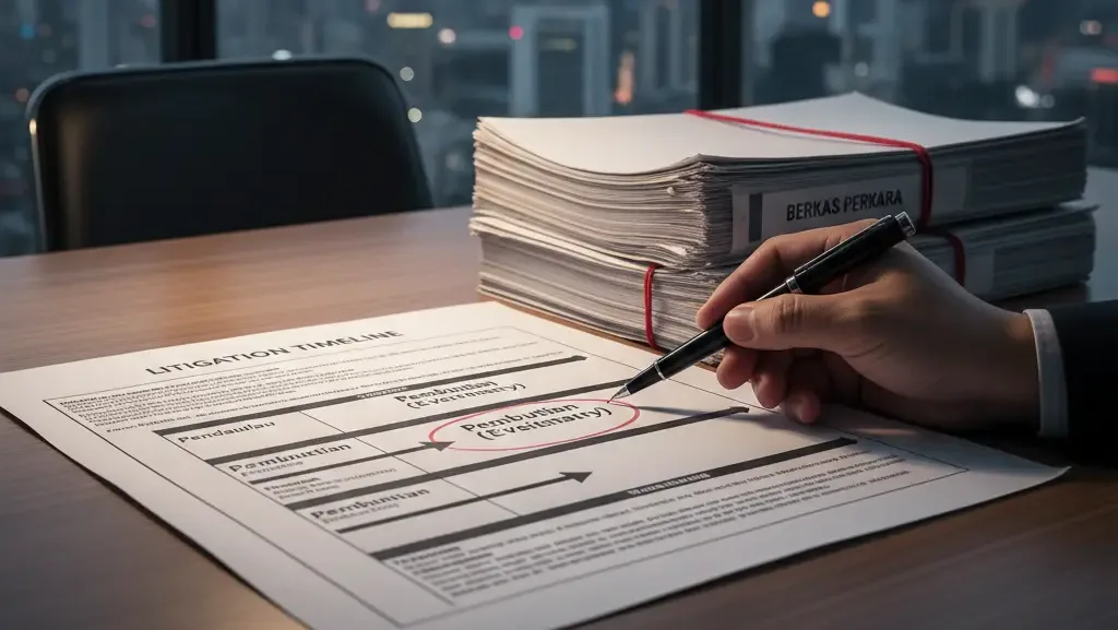 Peta jalan dan tahapan proses litigasi bisnis perdata di Indonesia.