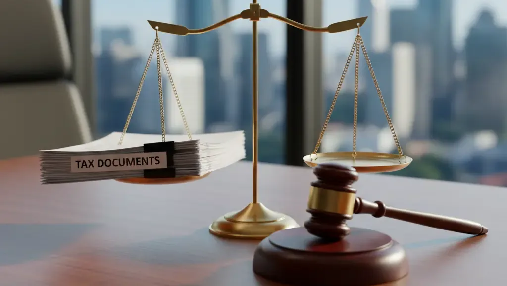 Simbol keadilan dan wewenang hakim dalam memutus sengketa pajak secara independen.