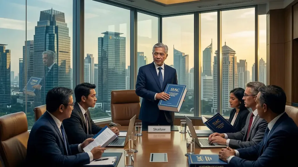 Pengacara Skailaw berdiskusi dengan direksi korporasi mengenai cara eksekusi putusan arbitrase asing di Indonesia.