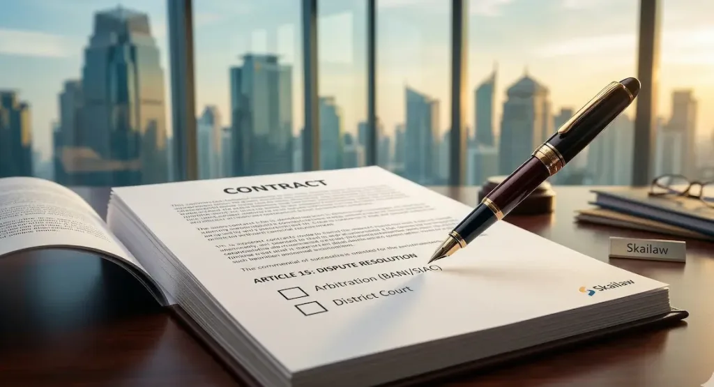 Klausul penyelesaian sengketa dalam kontrak bisnis yang menentukan pilihan antara arbitrase dan pengadilan negeri.