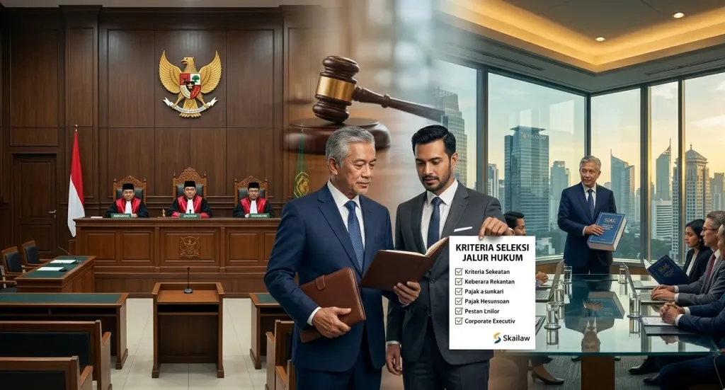 Ilustrasi perbandingan visual antara proses sidang di pengadilan negeri dan sidang tertutup di lembaga arbitrase.