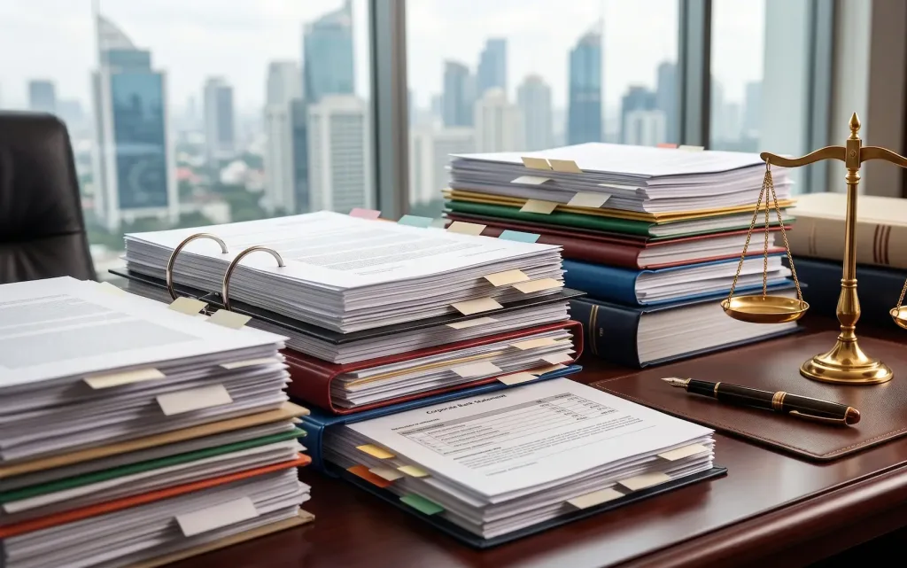 Tumpukan dokumen audit forensik dan kertas kerja komersial yang menjadi alat bukti utama dalam sidang pajak korporasi.