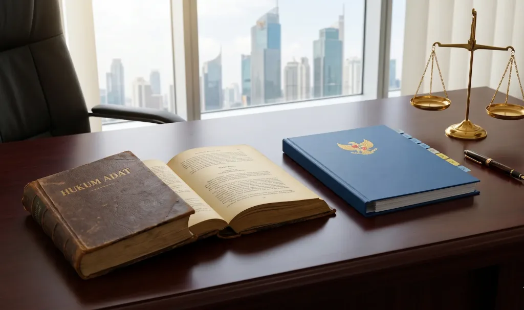 Buku hukum klasik dan dokumen forensik modern melambangkan transisi dari Majelis Pertimbangan Pajak menuju sistem peradilan yang independen.
